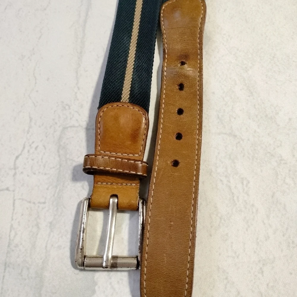 VINTAGE LL BEAN CANVAS LEATHER BELT ( MENS Sz 38) NAVY KHAKI STRIPED